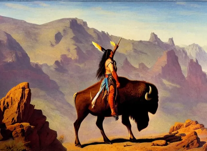 Image similar to native american riding bison, buffalo, native american warrior, mountain range, beautiful sky, standing on the edge of a cliff, 1 9 th century, painted by frazetta