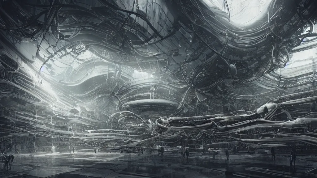 Prompt: a Photorealistic dramatic hyperrealistic,hyper detailed render of an Epic Sci-Fi, Gigantic Alien xenomorph spaceship inside huge interior hangar,intricate bio mechanical surface details in a top secret research facility,many tubes and cables hanging from the ceiling by Greg Rutkowski,Nicolas Bouvier,Sparth,ILM,Beautiful dynamic dramatic very dark moody contrast warm and cold lighting,Volumetric,Cinematic Atmosphere,Octane Render,Artstation,8k