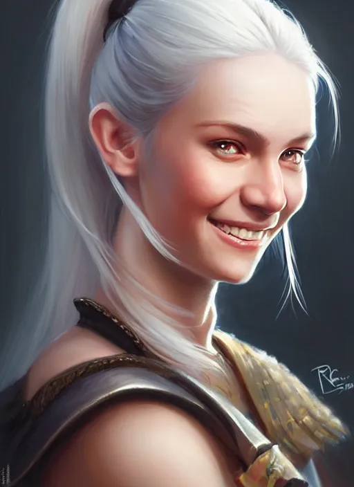 Image similar to a _ fantasy _ style _ portrait _ painting _ of white girl, dark ponytail hair, smiling, round face, rpg dnd oil _ painting _ unreal _ 5 _ daz. _ rpg _ portrait _ extremely _ detailed _ artgerm _ greg _ rutkowski _ greg