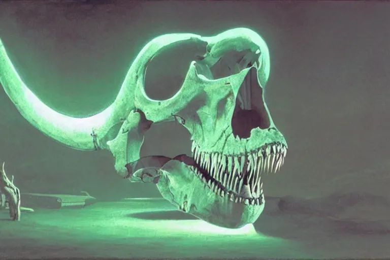 Image similar to screaming t - rex skull made of neon light volumetric lighting, by caspar david friedrich and wayne barlowe and ted nasmith