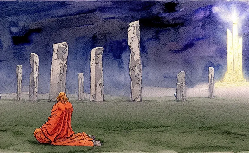 Prompt: a hyperrealist watercolour character concept art portrait of a pagan worshipper kneeling down in prayer in front of a tall elegant giant on a misty night in stone henge. a battlecruiser starship is in the background. by rebecca guay, michael kaluta, charles vess and jean moebius giraud