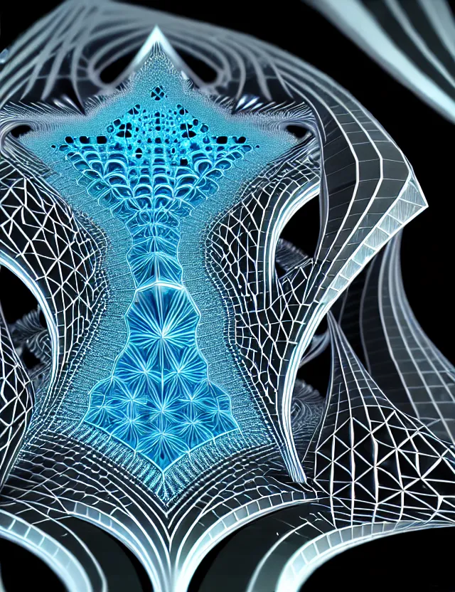 Prompt: close up beautiful porcelain dark patterns glowing games and crystals 3 d fractal, fractal details diamond, elegant, highly detailed, centered, sharp focus, fractal glass, facial structures, ultra detailed, metallic, octane render