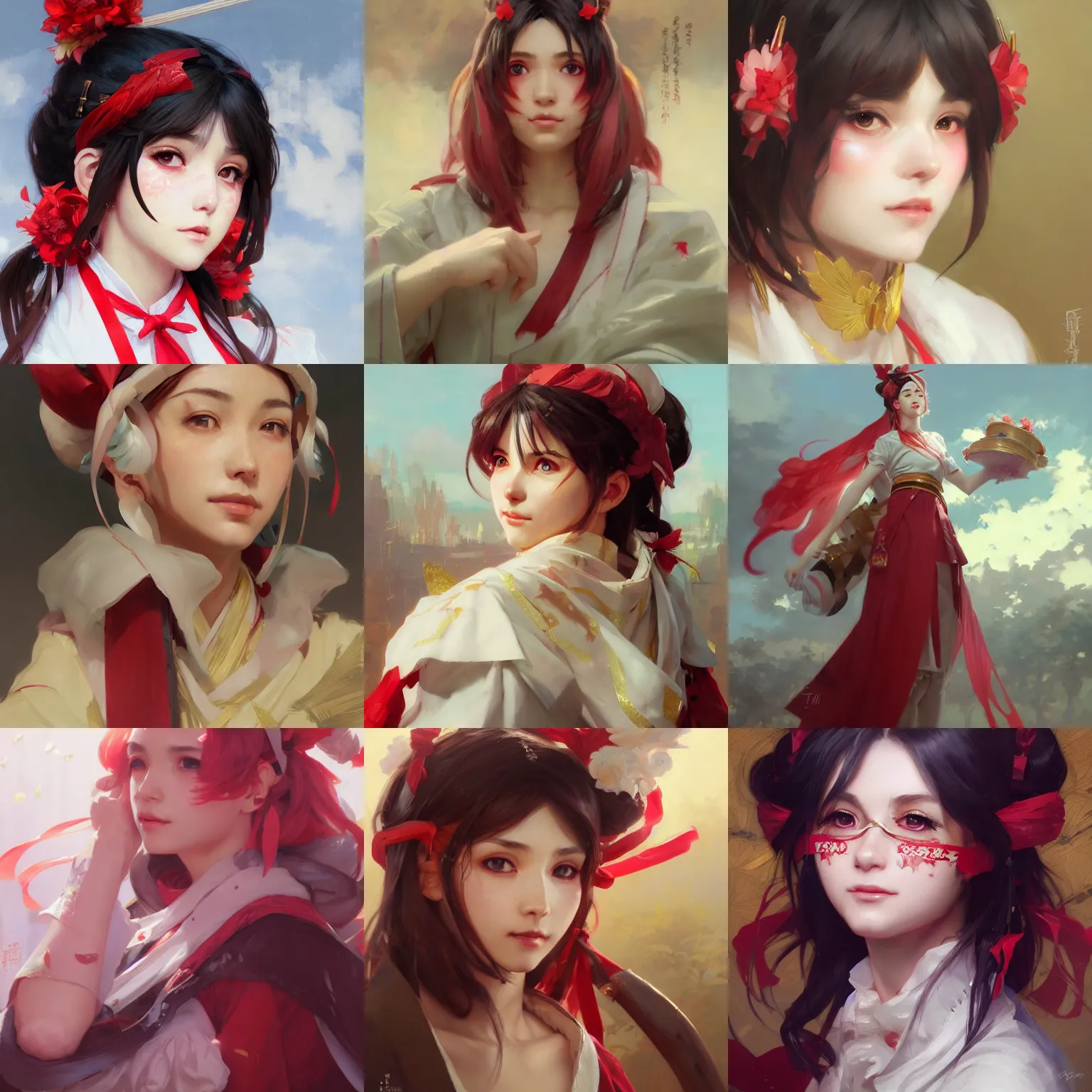 Image similar to a portrait painting of reimu hakurei, by greg rutkowski, artgerm, wlop, ruan jia, krenz cushart, alphonse mucha, marble, gold, unreal engine 5