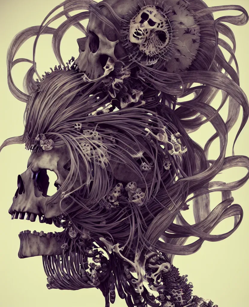 Image similar to goddess close-up portrait skull with mohawk, ram skull, skeleton, thorax, x-ray, backbone, jellyfish phoenix head, nautilus, orchid, skull, betta fish, bioluminiscent creatures, intricate artwork by Tooth Wu and wlop and beeple. octane render, trending on artstation, greg rutkowski very coherent symmetrical artwork. cinematic, hyper realism, high detail, octane render, 8k