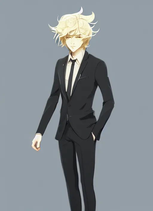 Image similar to young man with medium - length, curly, golden hair, perfectly proportioned face, aquamarine eyes, sweet smile, wearing a black suit, natural lighting, path traced, highly detailed, high quality, animation art, digital painting, by new haicheng and studio ghibli