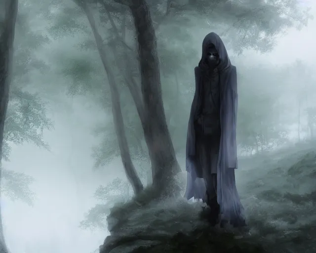 Image similar to a cloaked adventurer in foggy, ghostly woods. Dangerous, foggy, cloudy, mysterious, ominous, threatening, adventurous, ghostly. By Makoto Shinkai, Stanley Artgerm Lau, WLOP, Rossdraws, James Jean, Andrei Riabovitchev, Marc Simonetti, krenz cushart, Sakimichan, trending on ArtStation, digital art.