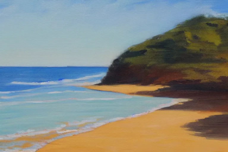 Image similar to painting of a beach, beautiful, with calm waves and sand, oil on canvas