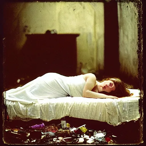 Image similar to “a girl Ophelia by Sir John Everett Millais laying on a dirty mattress covered in filth and garbage in an dark concrete basement room. 35mm film. Cursed image.”