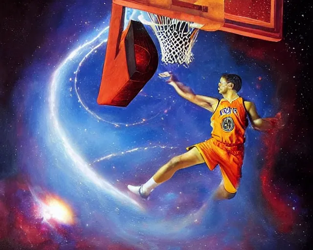 Image similar to cosmic basketball player dunking a basketball hoop in a nebula, an oil painting, by ( leonardo da vinci ) and greg rutkowski and rafal olbinski and ross tran, award - winning magazine cover