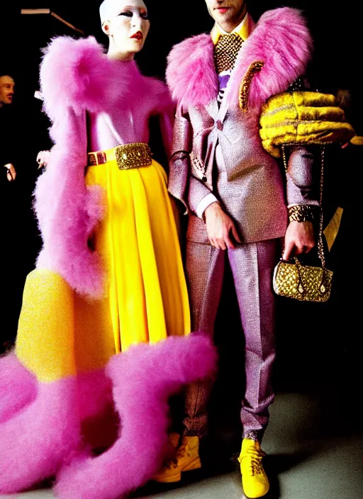 Image similar to full face and glamorous dressed female and male pair in Bespoke couture outfits made of yellows, pinks, purple and gold by Vivian Westwood and Marc Jacobs as seen in the movie the Royal Tenenbaums + vintage Chanel in a futuristic vibe