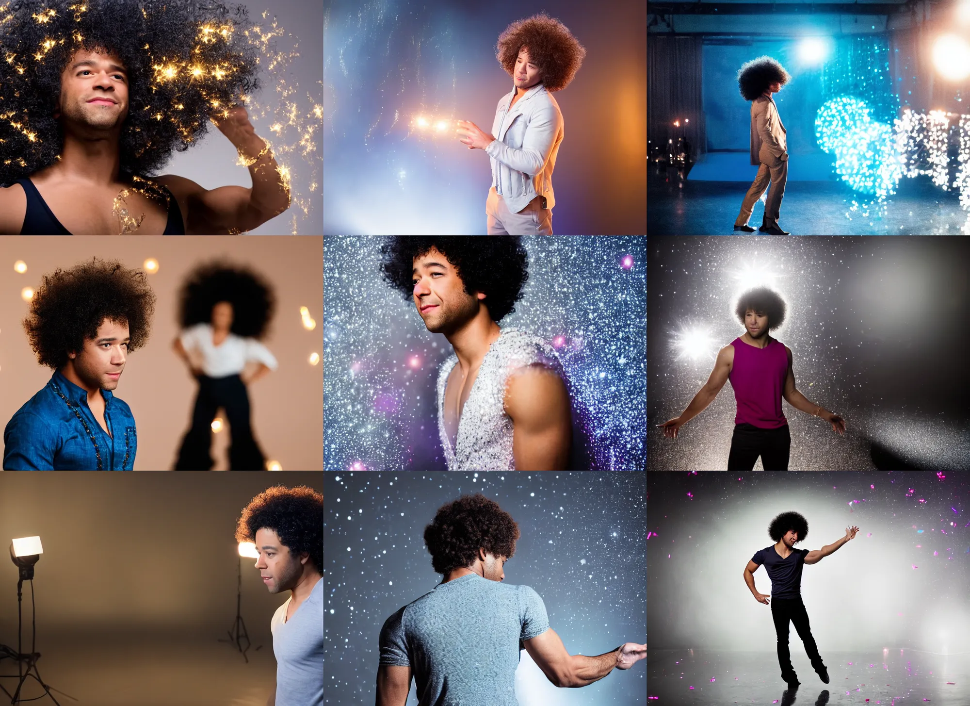 Prompt: photo still of behind view, corbin bleu enchanting a sparkly spell, 8 k, studio lighting bright ambient lighting key light, 8 5 mm f 1. 8