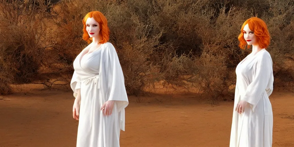 Image similar to christina hendricks in the desert, white robes, fantasy realistic art style