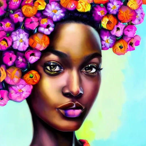 Image similar to super realistic painting of a black woman combined with flowers, colorful, highly detailed, 4k, trending on artstation