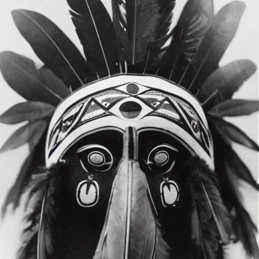 Prompt: vintage photo of native american raven mask by edward s curtis