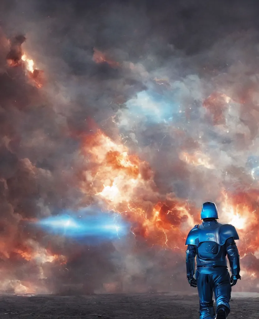 Prompt: a cinematic scene of a giant elon musk in sky blue armor walking away from a explosion of blue twitter birds