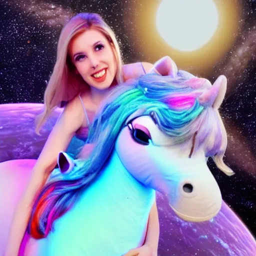 Prompt: amouranth riding a unicorn in space