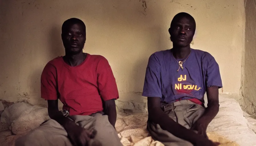 Prompt: movie still by djibril diop mambety of a man with stomach on his knee, cinestill 8 0 0 t