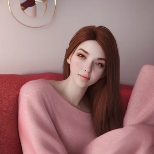 Image similar to 3 d render of a cute thin young woman, red blush, wearing casual clothes, small smile, relaxing on a couch, cuddling up under a blanket, cozy living room, medium shot, 8 k, octane render, trending on artstation, art by artgerm, unreal engine 5, hyperrealism, hyperdetailed, ultra realistic