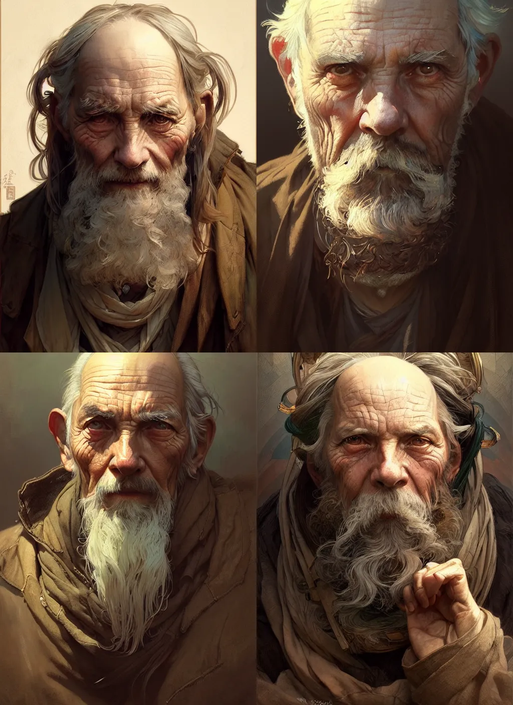 Prompt: a beautiful portrait of an old bum, intricate, sharp focus, illustration, highly detailed, digital painting, concept art, matte, art by wlop and artgerm and greg rutkowski and alphonse mucha, masterpiece