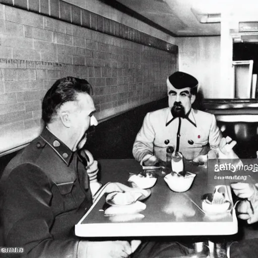 Image similar to joseph stalin eating at burger king, press photo, paparazzi