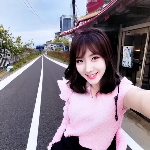 Prompt: beautiful korean female idol selfie, road on background