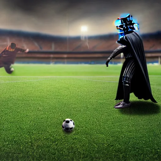 Prompt: a game of soccer with darth vader kicking the ball, highly detailed, extremely high quality, hd, 4 k, 8 k, canon 3 0 0 mm, professional photographer, 4 0 mp, lifelike, top - rated, award winning, realistic, detailed lighting, detailed shadows, sharp, no blur, edited, corrected, trending