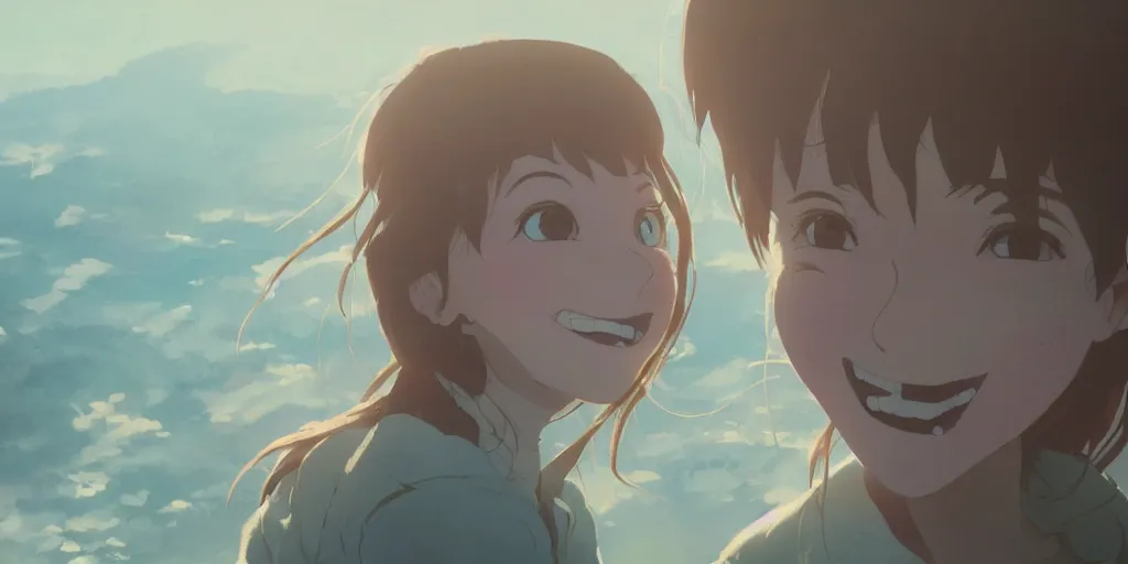 Prompt: a girl with a happy face wakes up in the morning, close up shot from the top, anime art, Greg Rutkowski, studio ghibli, dramatic lighting