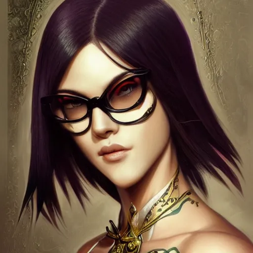 Image similar to a portrait a young asia argento as bayonetta, urban motifs, intricate, elegant, highly detailed, digital painting, trending on artstation, concept art, smooth sharp focus, illustration, art by artgerm and greg rutkowski