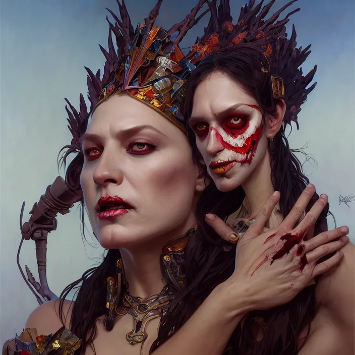 Image similar to excellent painted portrait of the undead queen of the southern burning plains, character artwork, 8k resolution artwork, trending on artstation, detailed oil painting portrait, art by artgerm and greg rutkowski and alphonse mucha and craig mullins and James Jean and Andrei Riabovitchev and Marc Simonetti and peter mohrbacher