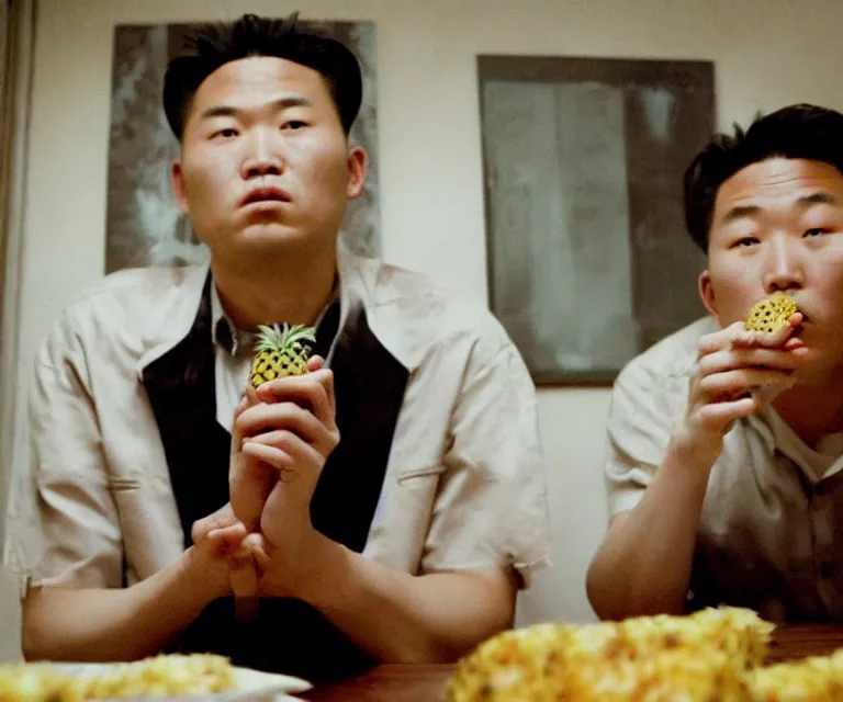 Image similar to hyperralism pineapple express movie still photography of detailed north korean kim chen with detailed face smoking weed in basement bedroom photography by araki nobuyoshi