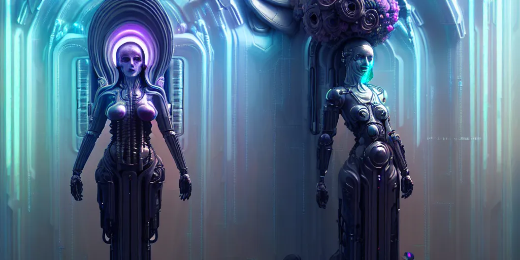 Image similar to ultra detailed female android deity, altar, futuristic gothic environment, ethereal flowerpunk, scifi, fantasy, cyberpunk, octane render, megalopolis, unreal engine, asymmetrical!!! intricate concept art, triadic color, art by artgerm and wlop and giger and greg rutkowski and alphonse mucha, 8 k