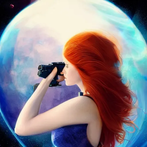 Prompt: side portrait of a beautiful tattoed redhead woman carrying a laser gun, a planet in the background. blue dress, light iridescent hair color, long windy hair style, fantasy, intricate, sharp focus, lens flare, bloom, rim light, illustration, highly detailed, digital painting, concept art, matte, art by ruan jia