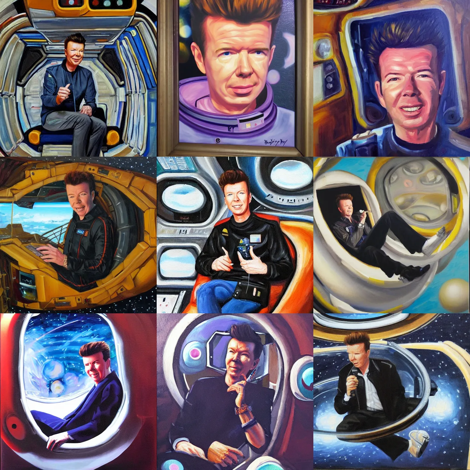 Prompt: Rick Astley sitting in a space station, oil painting