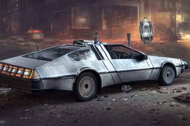 Image similar to highly detailed photorealistic rendering of the delorean from back to the future parked on the streets of a cyberpunk abandoned city, futuristic post - apocalyptic vibe, by greg rutkowski and stanley artgerm and alphonse mucha, octane, sharp focus, hyperrealistic, unreal engine 5, vray, masterpiece