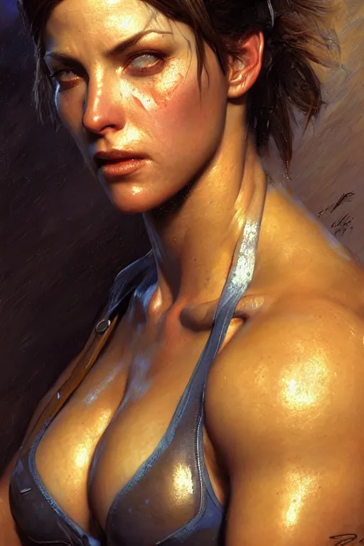 Image similar to muscular sweat jill valentine, covers with mud exhausted face close up, highly detailed painting by gaston bussiere, craig mullins, j. c. leyendecker 8 k