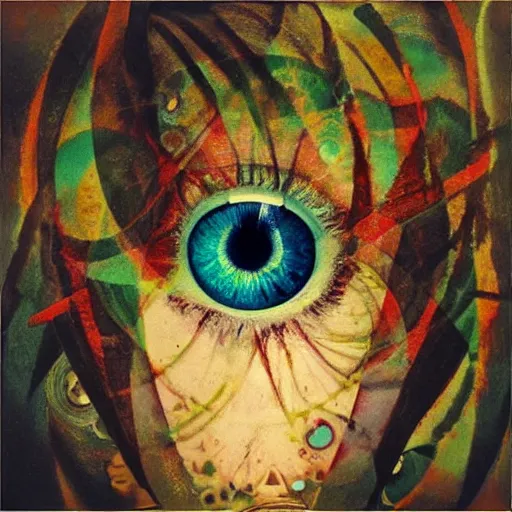 Prompt: A beautiful collage a large eye that is looking directly at the viewer. The eye is composed of a myriad of colors and patterns, and it is surrounded by smaller eyes. The smaller eyes appear to be in a state of hypnosis, and they are looking in different directions. by Norman Cornish, by Brooke Shaden playful