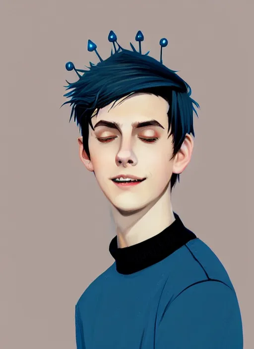 Image similar to portrait of teenage jughead jones wearing a light grey crown, crown, blue turtleneck, closed eyes, eyes closed, smile, crown, black hair, intricate, elegant, glowing lights, warm lighting, highly detailed, digital painting, artstation, concept art, smooth, sharp focus, illustration, art by wlop, mars ravelo and greg rutkowski