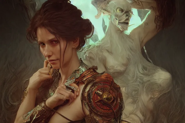 Image similar to portrait painting of evil demonic cult member, ultra realistic, concept art, intricate details, eerie, highly detailed, photorealistic, octane render, 8 k, unreal engine. art by artgerm and greg rutkowski and alphonse mucha