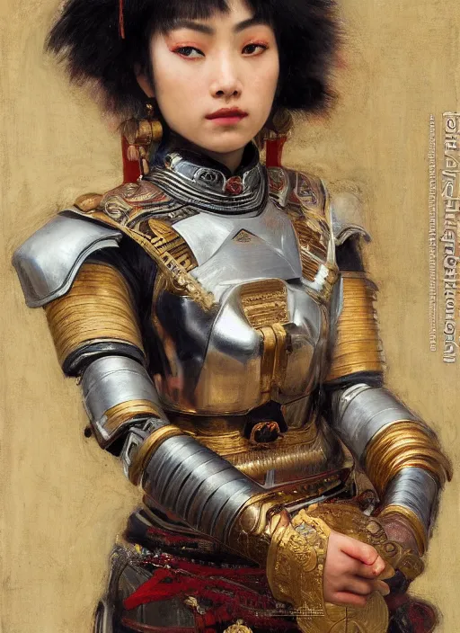 Prompt: beautifull asian samurai queen cyborg with bangs curly Iranian orientalist portrait by john william waterhouse and Edwin Longsden Long and Theodore Ralli and Nasreddine Dinet, oil on canvas. Cinematic, hyper realism, dramatic lighting, high detail 4k