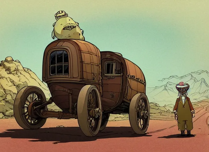 Image similar to a cell shaded cartoon of a lovecraftian tortoise stage coach from howl's moving castle ( 2 0 0 4 ), on a desert road, in front of a pale full moon, full body, wide shot, very dull colors, post grunge, studio ghibli, laurie greasley, highly detailed, deviantart, art by artgem