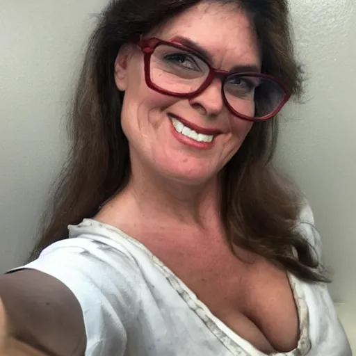 Prompt: 4 5 year old french and swedish woman, brown hair!, looks patsy cline, nerdy music teacher with phd, labile temper, drinks bourbon, wears oprah glasses, from wheaton illinois