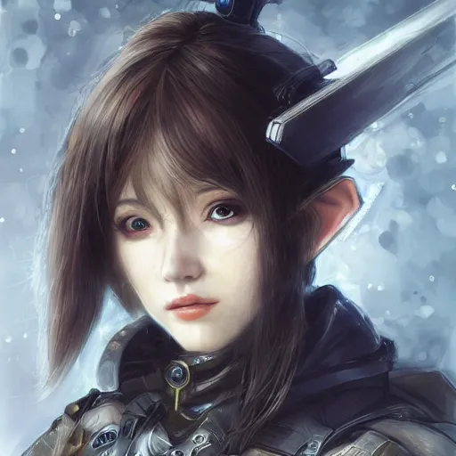 Prompt: portrait of an elf girl by ayami kojima, she is about 2 0 years old, mixture between british and japanese and she is wearing a modern tactical gear, scifi, highly detailed portrait, digital painting, artstation, concept art, smooth, sharp foccus ilustration, artstation hq