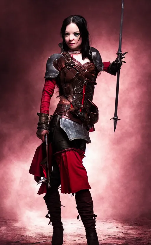 Image similar to epic fantasy action shot of a d & d female halfling rogue, black hair, red leather corset, cinematic, beautiful lighting, heroic