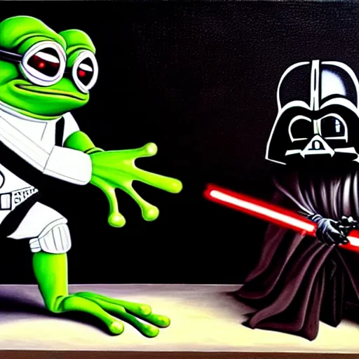 Image similar to a detailed painting of pepe the frog fighting darth vader by caravaggio