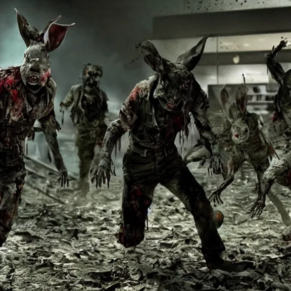 Image similar to a dark battle of decaying zombie rabbits infected with the T-virus, film still