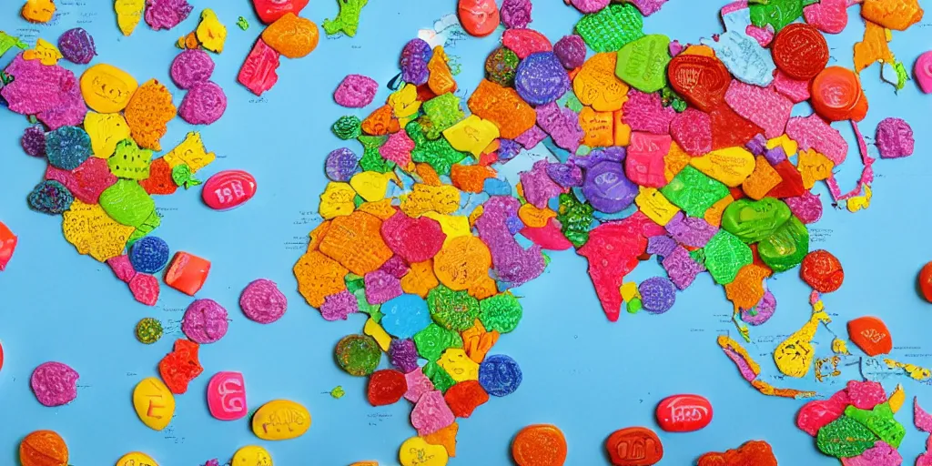 Image similar to a world map made out of candy pieces