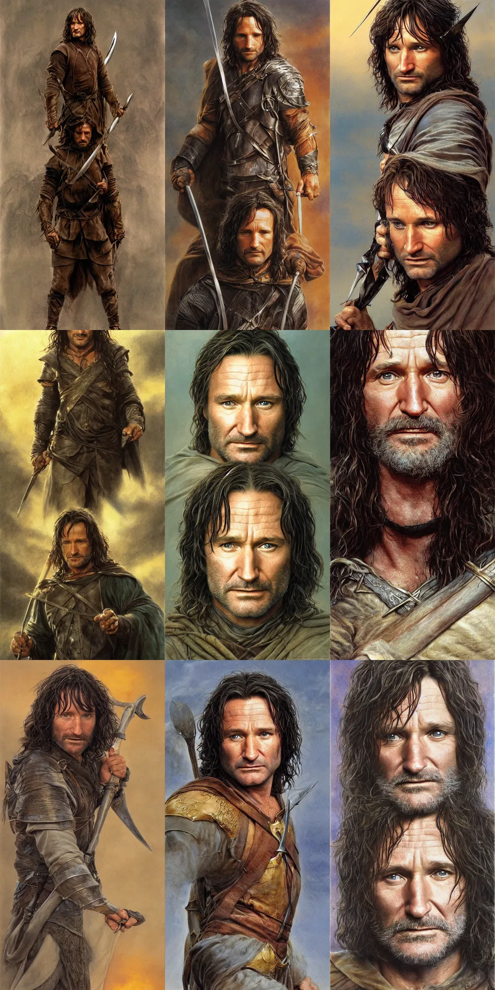 Prompt: Robin Williams as Aragorn by Alan Lee, golden hour, concept art, full body, detailed clothing, art station, oil painting