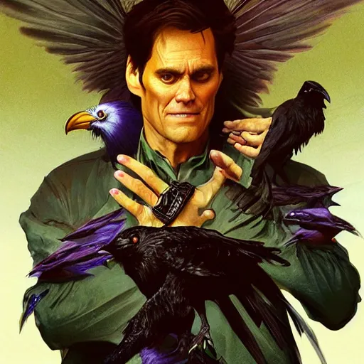 Image similar to jim carrey controlling evil ravens, demonic, evil, satanic, intricate, highly detailed, digital painting, artstation, concept art, smooth, sharp focus, illustration, unreal engine 5, 8 k, art by artgerm and greg rutkowski and alphonse mucha