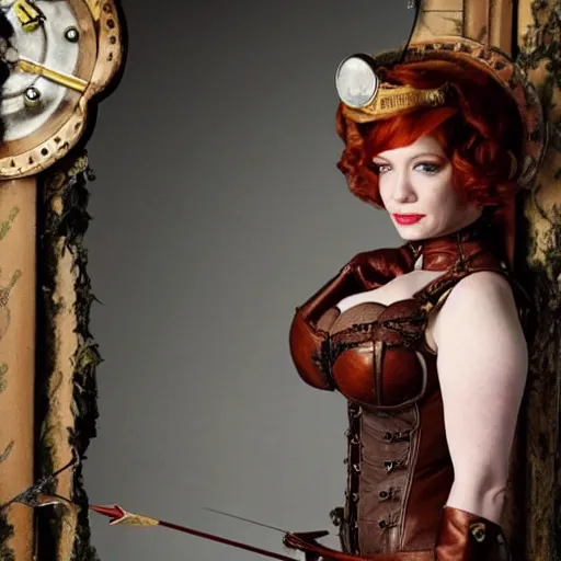 Image similar to full body photo of christina hendricks as a steampunk archer