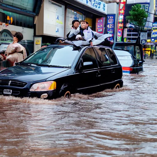 Image similar to seoul city is flooded by heavy rain. A guy with suit is sitting on the top of the A car is middle of the street flooded.